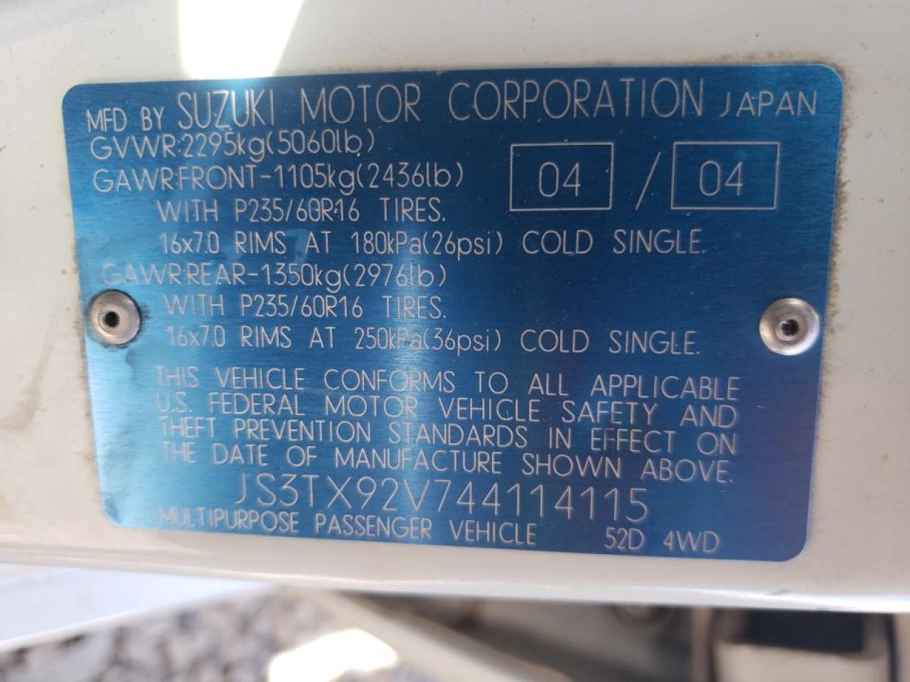 Zdjęcie 10 z aukcji – 2004 SUZUKI XL7 EX z VIN JS3TX92V744114115
