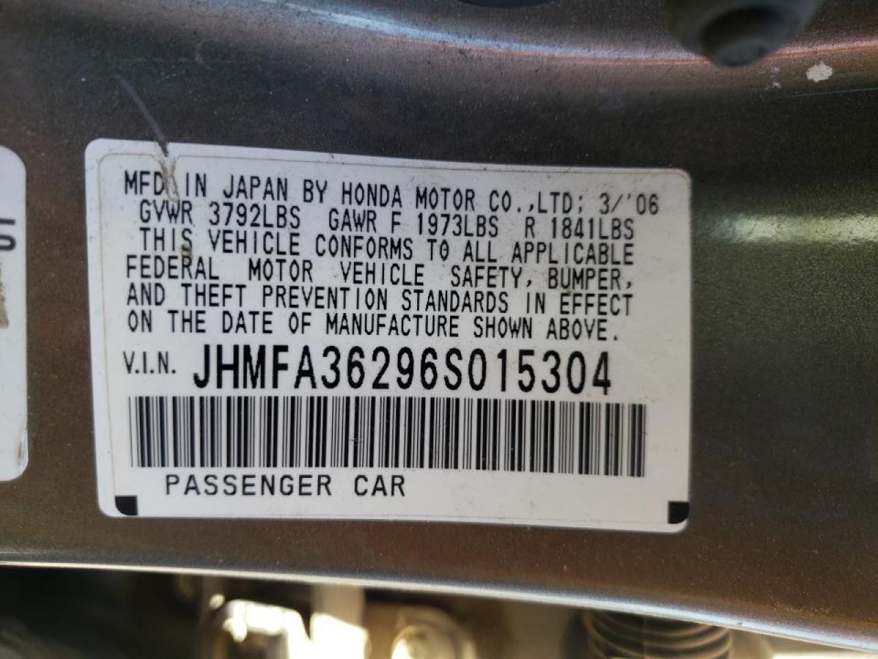 Photo 10 from auction – 2006 HONDA CIVIC HYBR with VIN JHMFA36296S015304