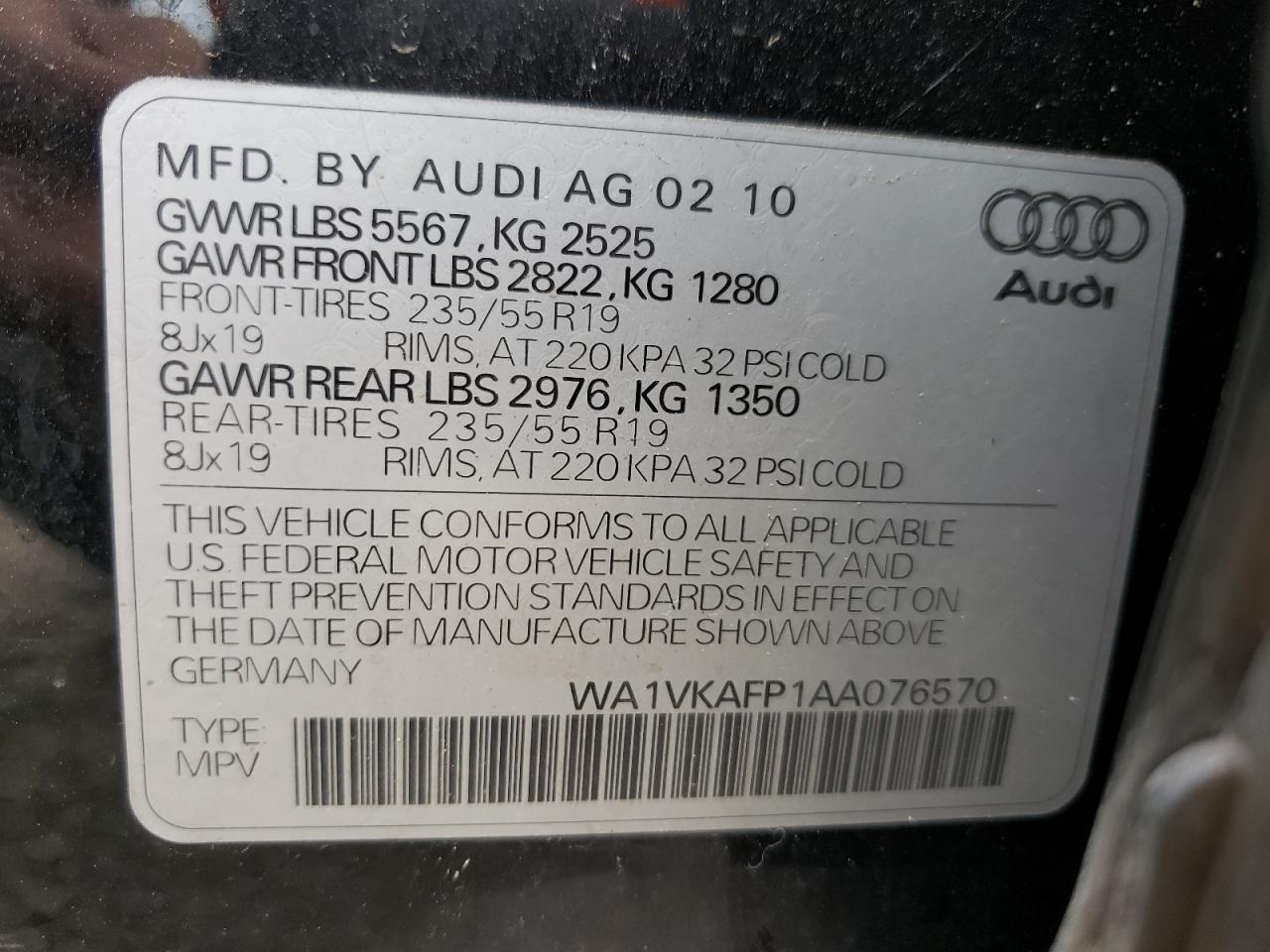 Photo 10 from auction – 2010 AUDI Q5 PRESTIG with VIN WA1VKAFP1AA076570