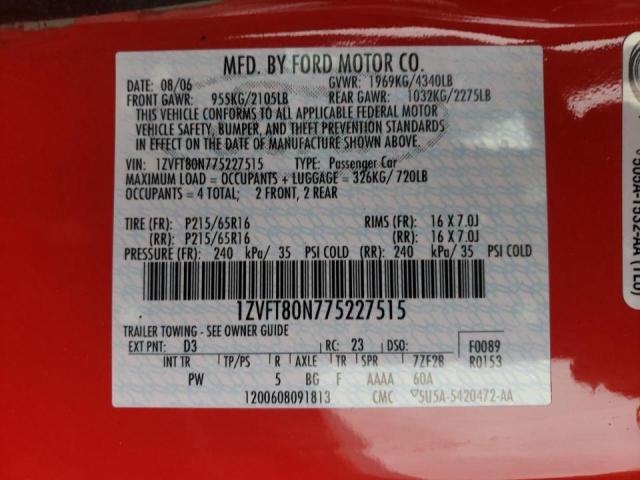Photo 10 from auction – 2007 FORD MUSTANG with VIN 1ZVFT80N775227515