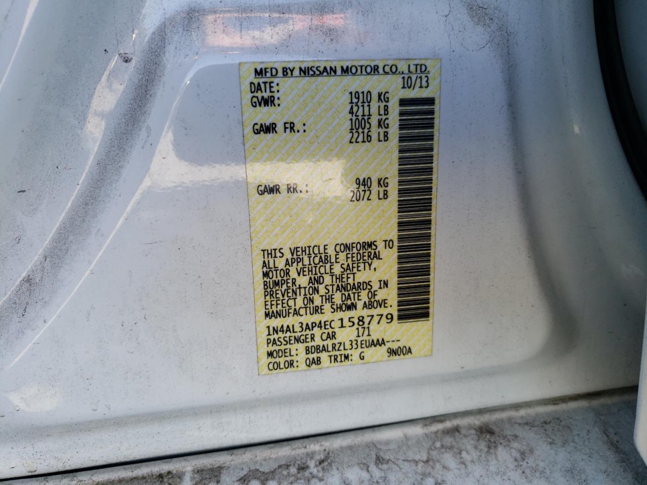 Photo 10 from auction – 2014 NISSAN ALTIMA 2.5 with VIN 1N4AL3AP4EC158779