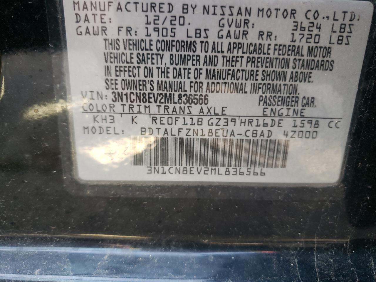 Photo 10 from auction – 2021 NISSAN VERSA SV with VIN 3N1CN8EV2ML836566