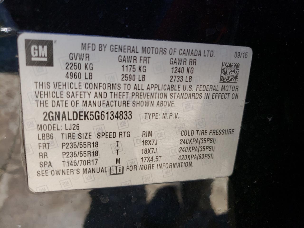 Photo 10 from auction – 2016 CHEVROLET EQUINOX LT with VIN 2GNALDEK5G6134833