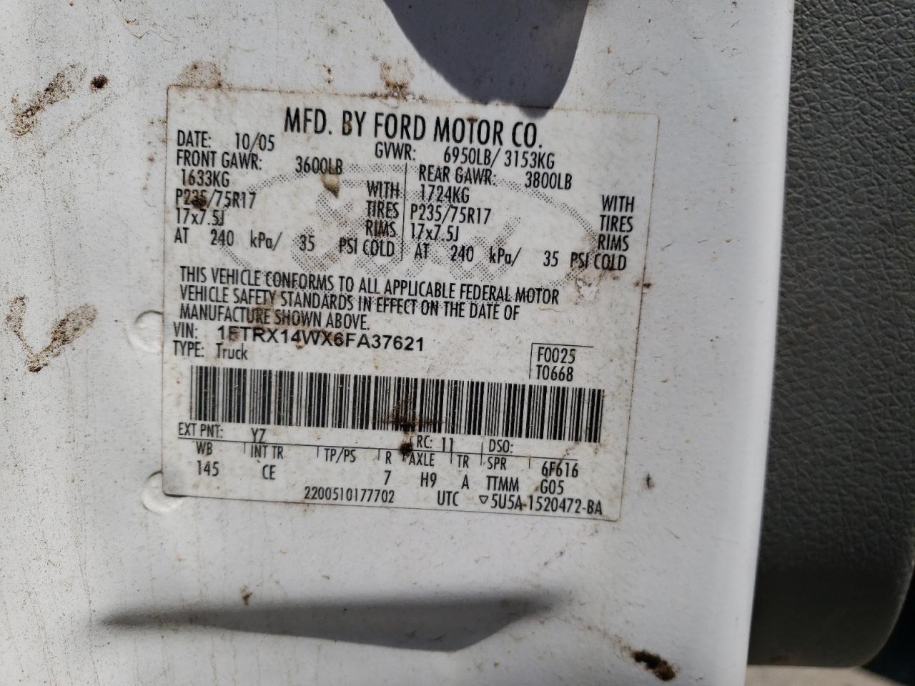 Photo 10 from auction – 2006 FORD F150 with VIN 1FTRX14WX6FA37621