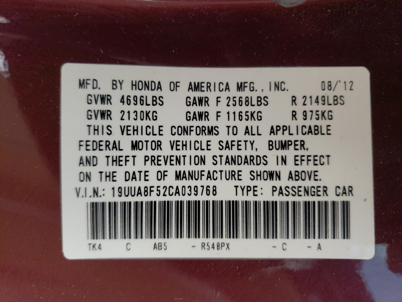 Photo 10 from auction – 2012 ACURA TL with VIN 19UUA8F52CA039768