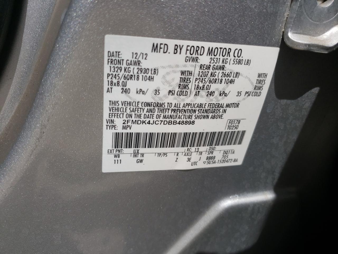 Photo 10 from auction – 2013 FORD EDGE SEL with VIN 2FMDK4JC7DBB48898