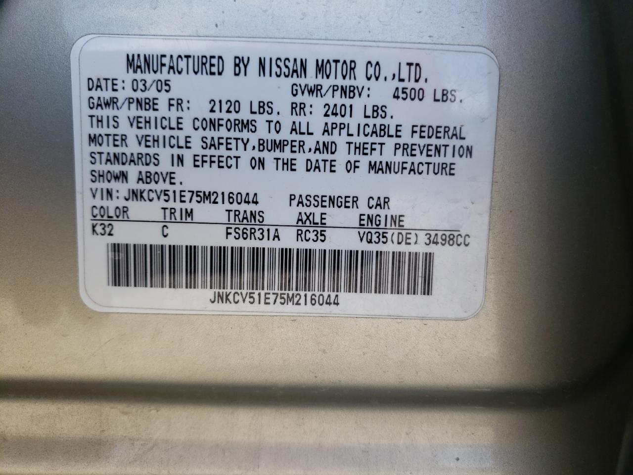 Photo 10 from auction – 2005 INFINITI G35 with VIN JNKCV51E75M216044