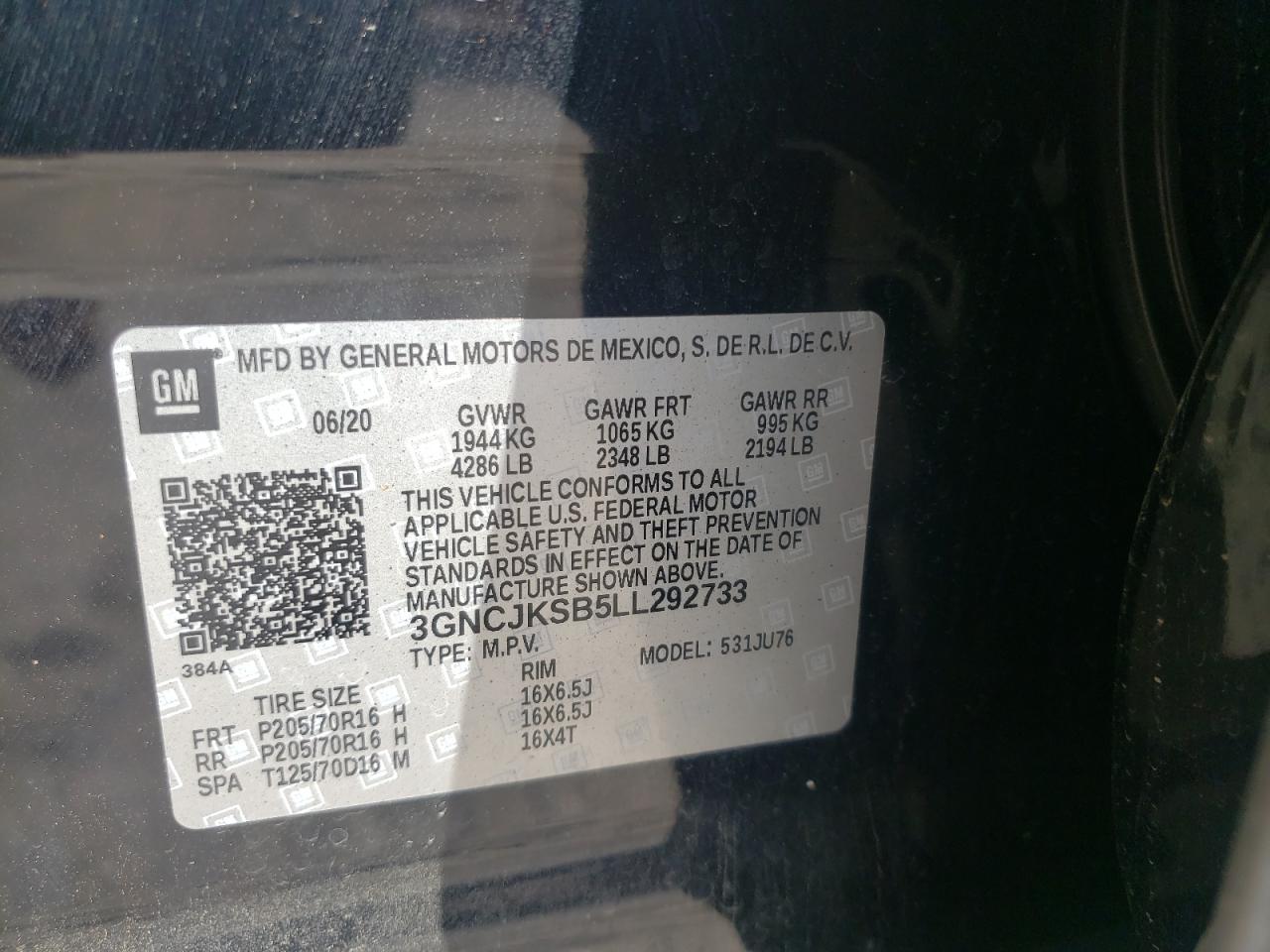 Photo 10 from auction – 2020 CHEVROLET TRAX LS with VIN 3GNCJKSB5LL292733