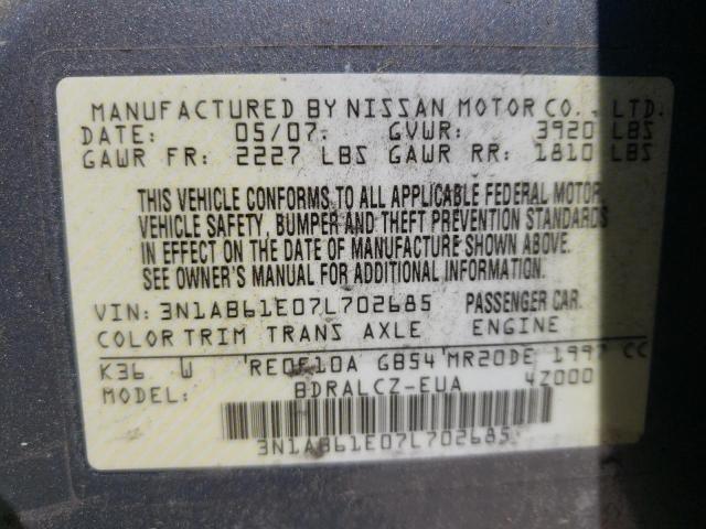 Photo 10 from auction – 2007 NISSAN SENTRA 2.0 with VIN 3N1AB61E07L702685