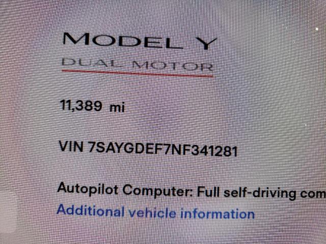 Photo 8 from auction – 2022 TESLA MODEL Y with VIN 7SAYGDEF7NF341281