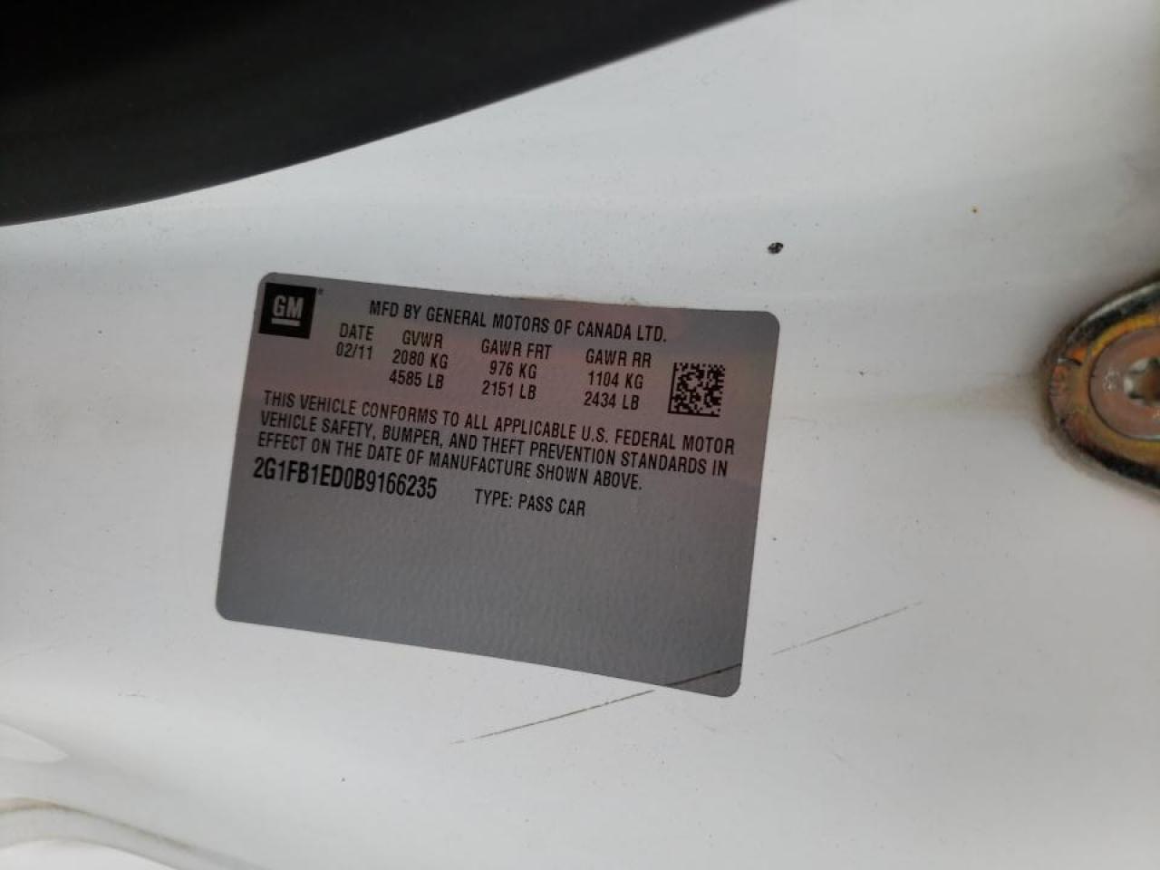 Photo 10 from auction – 2011 CHEVROLET CAMARO LT with VIN 2G1FB1ED0B9166235
