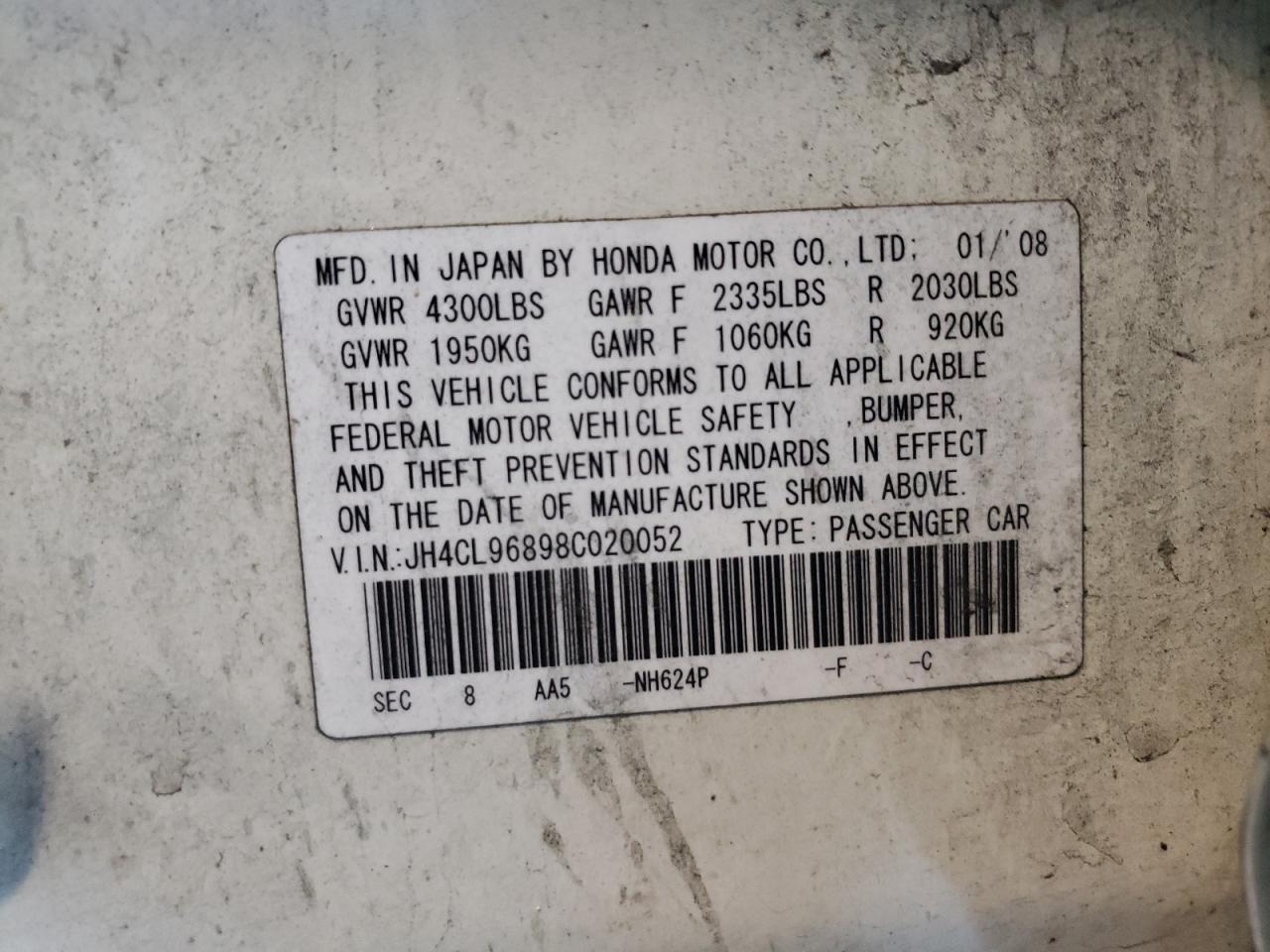 Photo 10 from auction – 2008 ACURA TSX with VIN JH4CL96898C020052