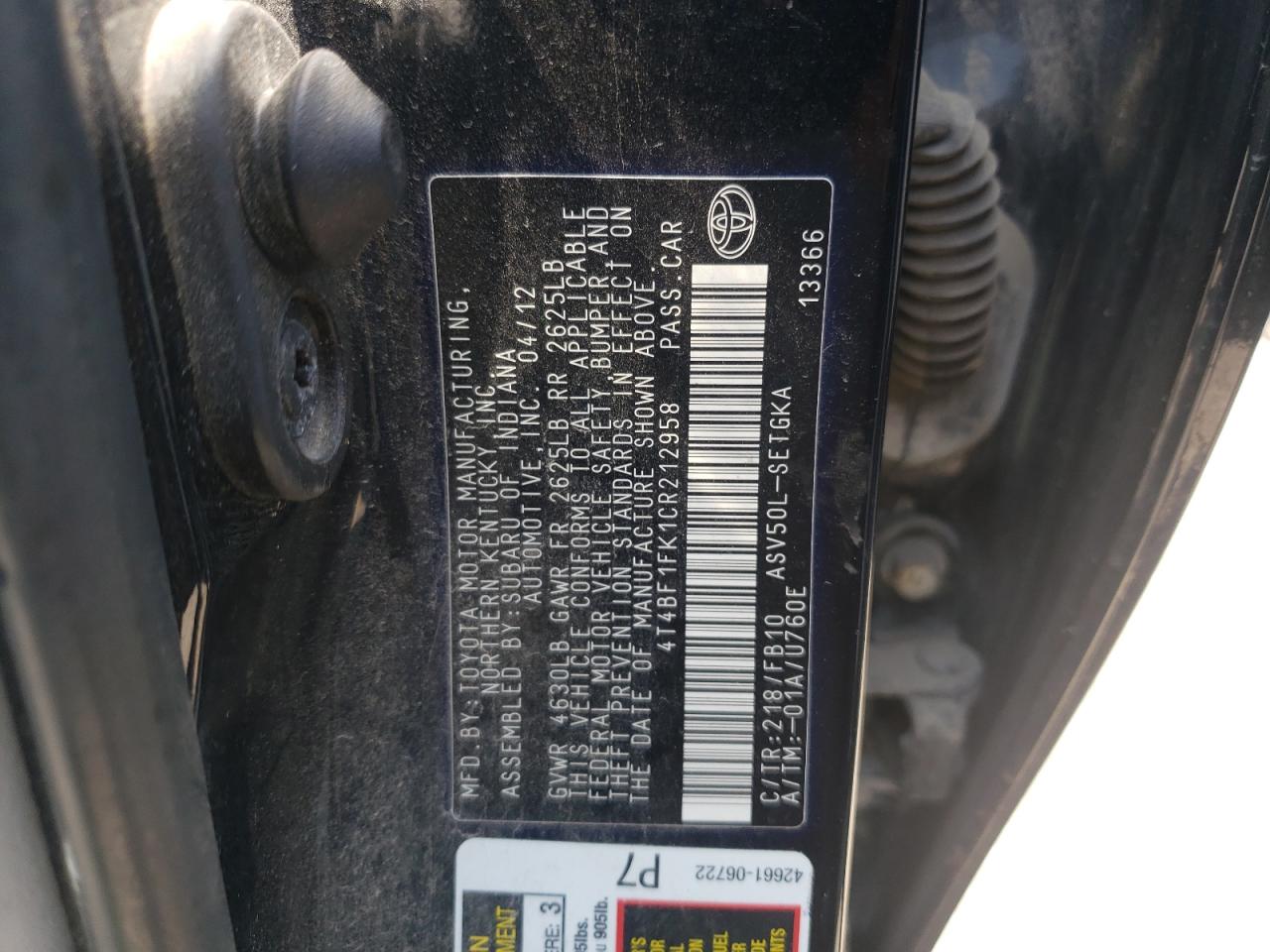 Zdjęcie 10 z aukcji – 2012 TOYOTA CAMRY BASE z VIN 4T4BF1FK1CR212958
