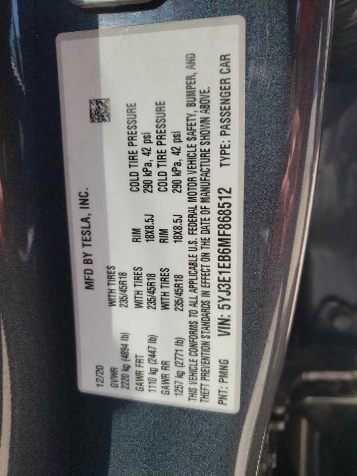 Photo 10 from auction – 2021 TESLA MODEL 3 with VIN 5YJ3E1EB6MF868512