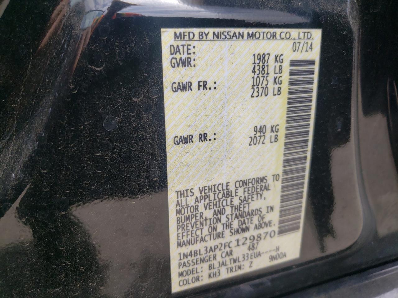 Photo 10 from auction – 2015 NISSAN ALTIMA 3.5 with VIN 1N4BL3AP2FC129870