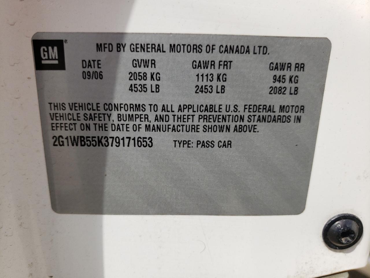 Photo 10 from auction – 2007 CHEVROLET IMPALA LS with VIN 2G1WB55K379171653