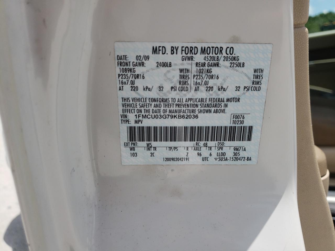 Photo 10 from auction – 2009 FORD ESCAPE XLT with VIN 1FMCU03G79KB62036