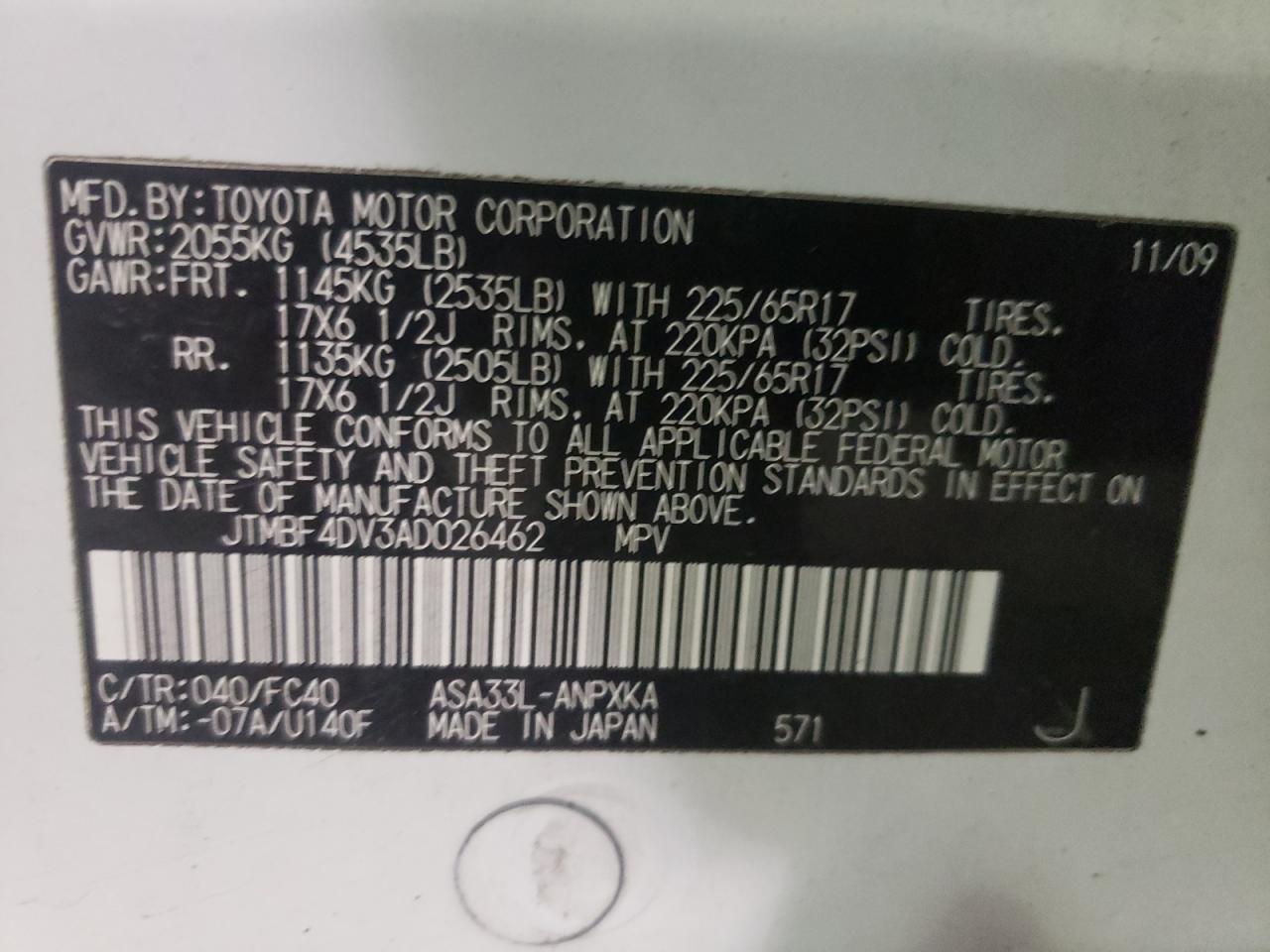 Photo 10 from auction – 2010 TOYOTA RAV4 with VIN JTMBF4DV3AD026462