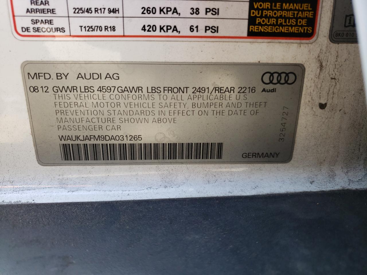 Photo 10 from auction – 2013 AUDI A3 PREMIUM with VIN WAUKJAFM9DA031265
