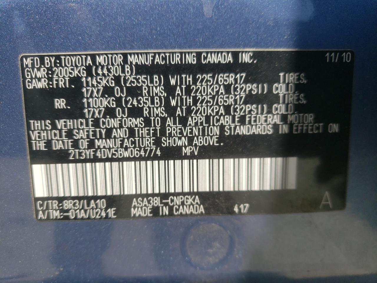 Photo 10 from auction – 2011 TOYOTA RAV4 LIMIT with VIN 2T3YF4DV5BW064774