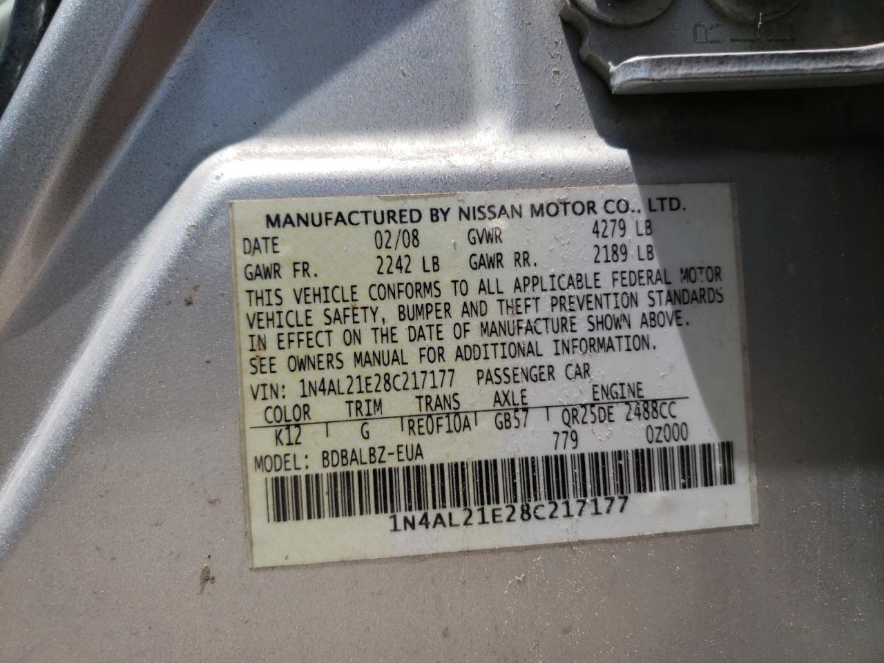 Photo 10 from auction – 2008 NISSAN ALTIMA 2.5 with VIN 1N4AL21E28C217177