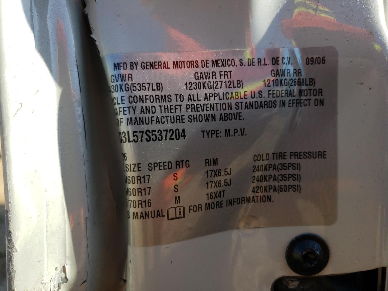 Photo 10 from auction – 2007 BUICK RENDEZVOUS with VIN 3G5DA03L57S537204