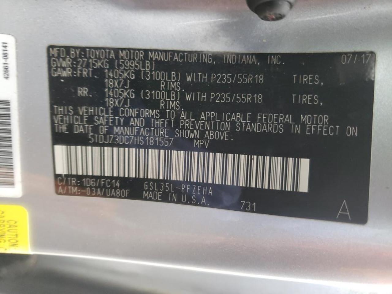Photo 10 from auction – 2017 TOYOTA SIENNA LE with VIN 5TDJZ3DC7HS181557