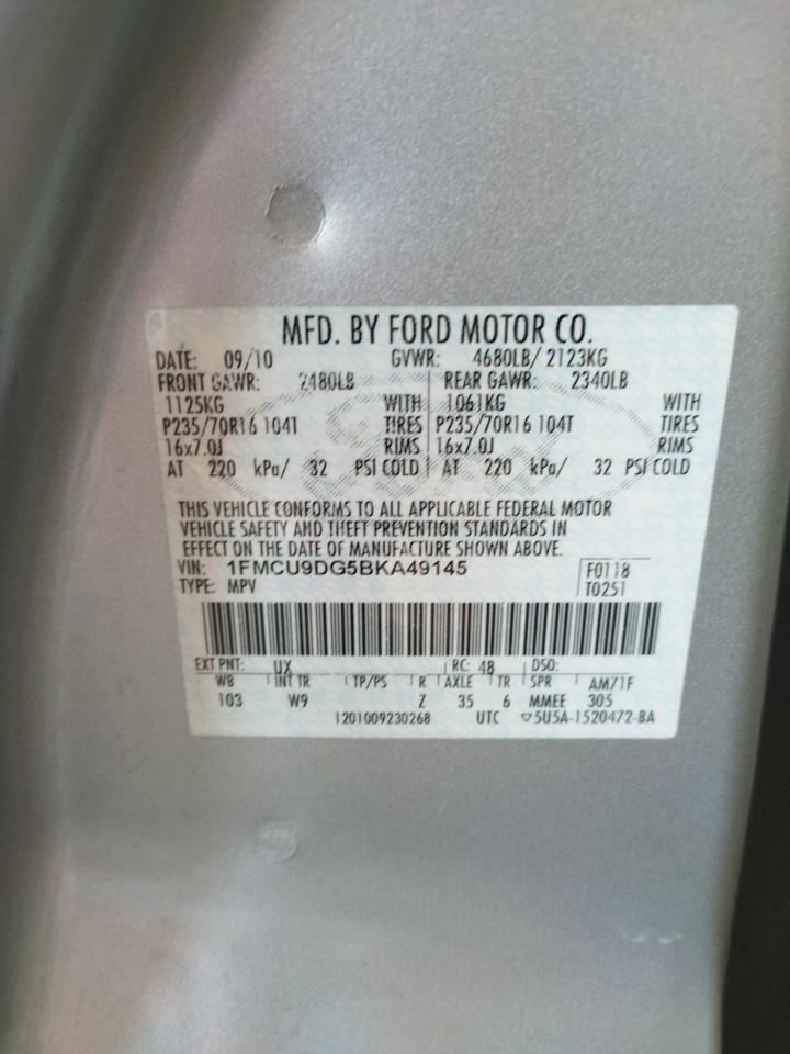 Photo 10 from auction – 2011 FORD ESCAPE XLT with VIN 1FMCU9DG5BKA49145