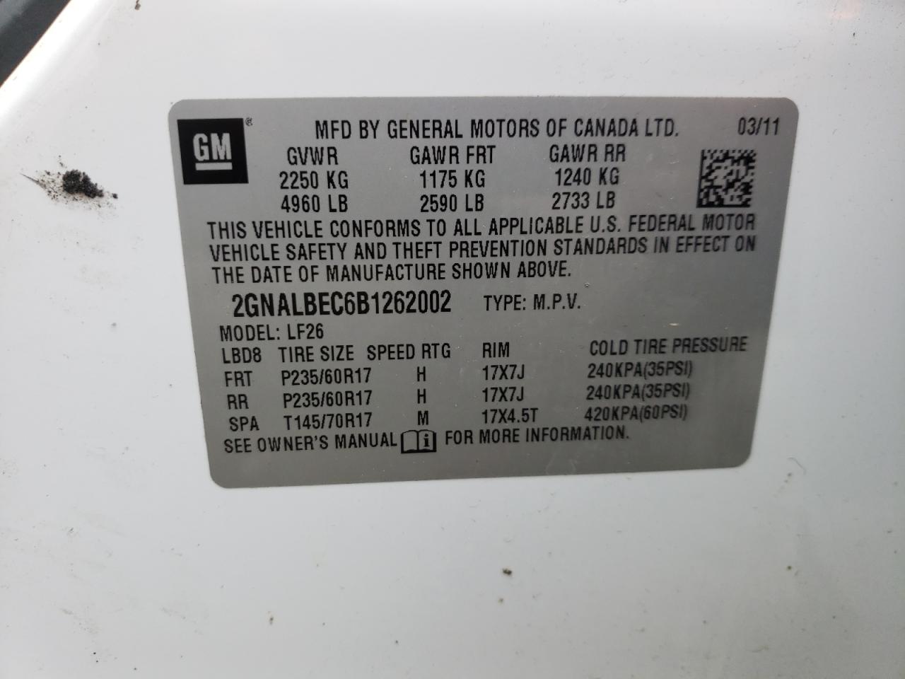 Photo 10 from auction – 2011 CHEVROLET EQUINOX LS with VIN 2GNALBEC6B1262002