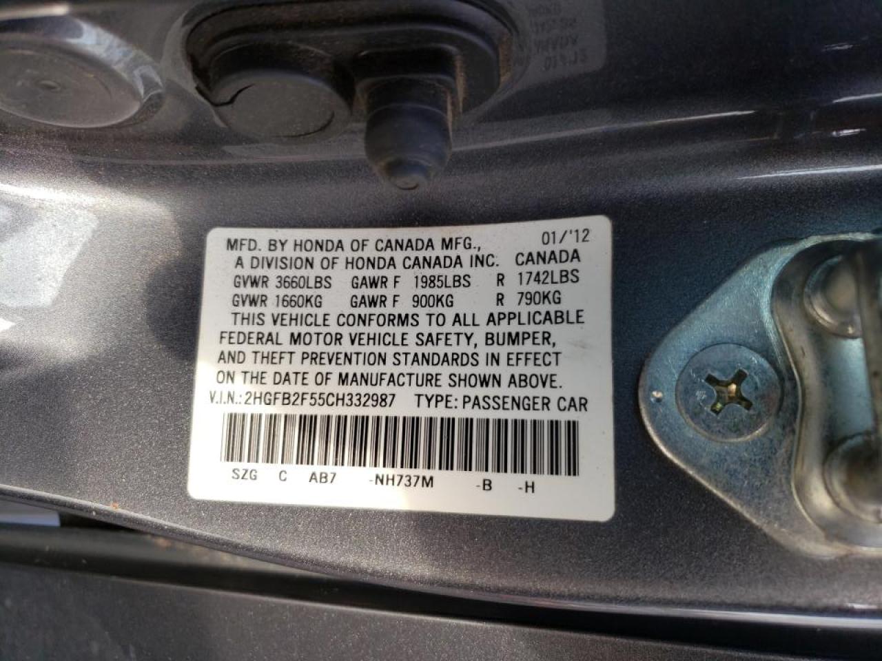 Photo 10 from auction – 2012 HONDA CIVIC LX with VIN 2HGFB2F55CH332987