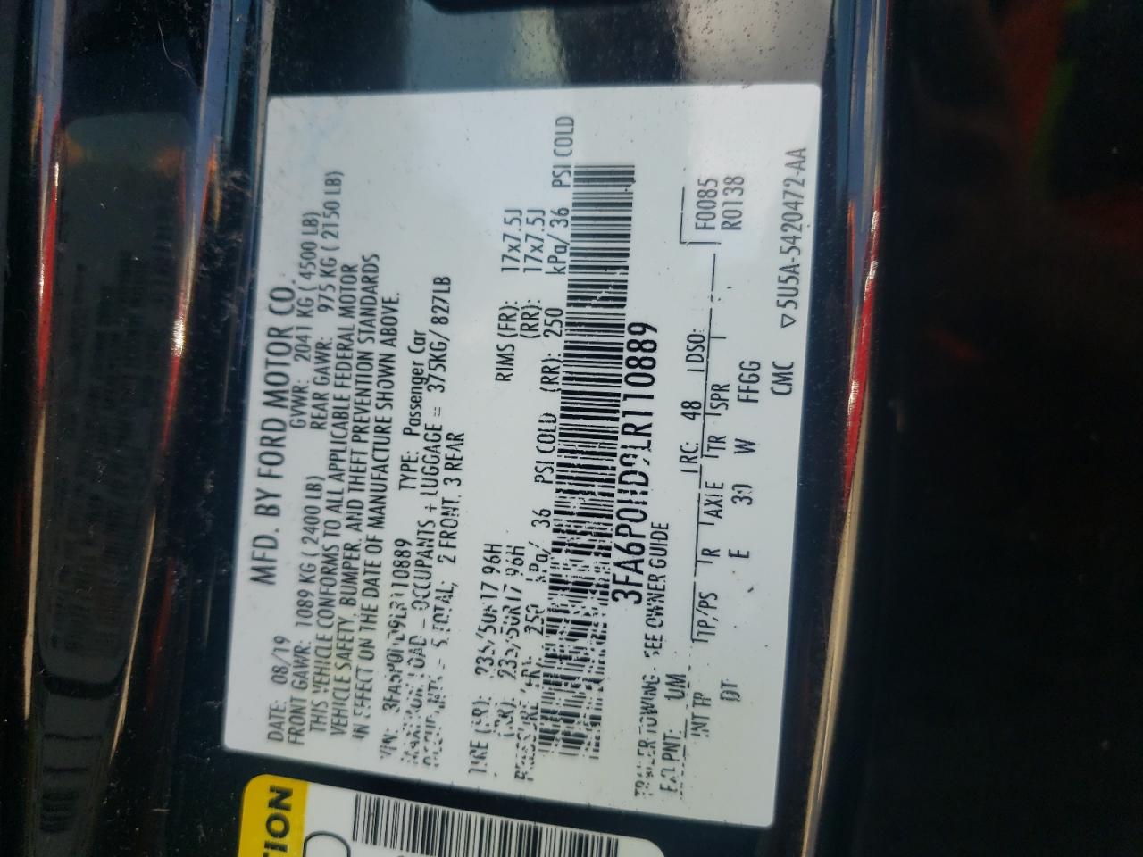 Photo 10 from auction – 2020 FORD FUSION SE with VIN 3FA6P0HD9LR110889