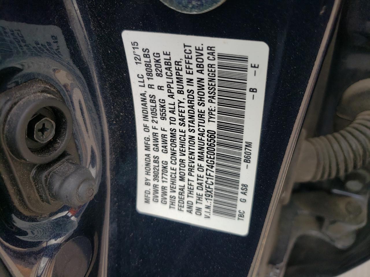 Photo 10 from auction – 2016 HONDA CIVIC EXL with VIN 19XFC1F74GE006560