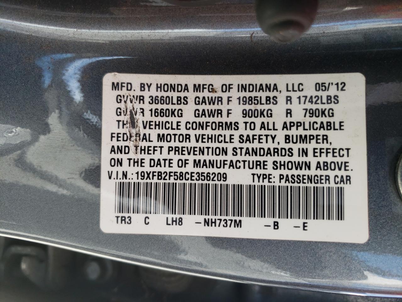 Photo 10 from auction – 2012 HONDA CIVIC LX with VIN 19XFB2F58CE356209