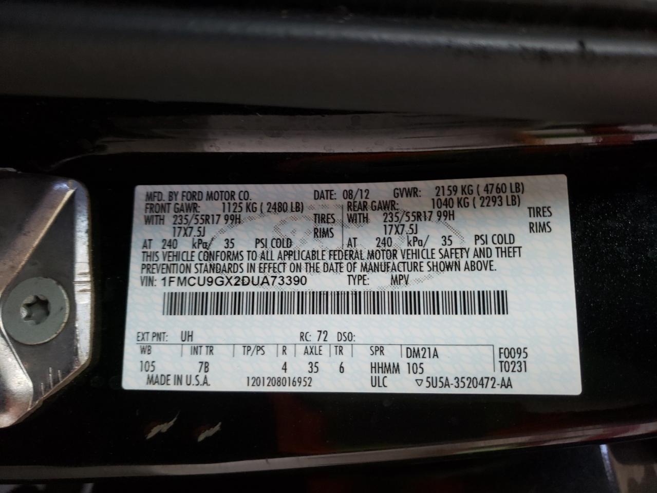 Photo 10 from auction – 2013 FORD ESCAPE SE with VIN 1FMCU9GX2DUA73390
