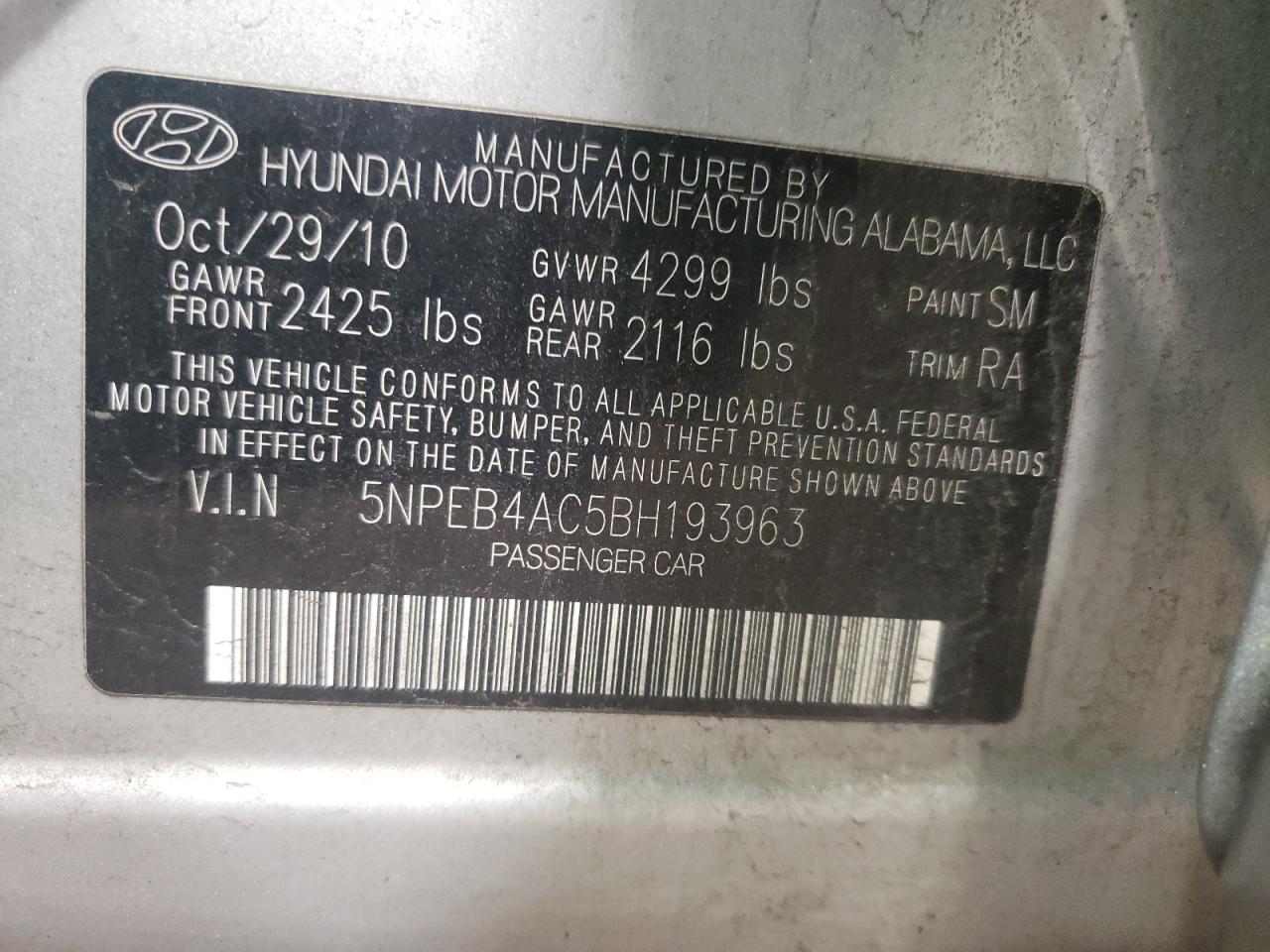 Photo 10 from auction – 2011 HYUNDAI SONATA GLS with VIN 5NPEB4AC5BH193963