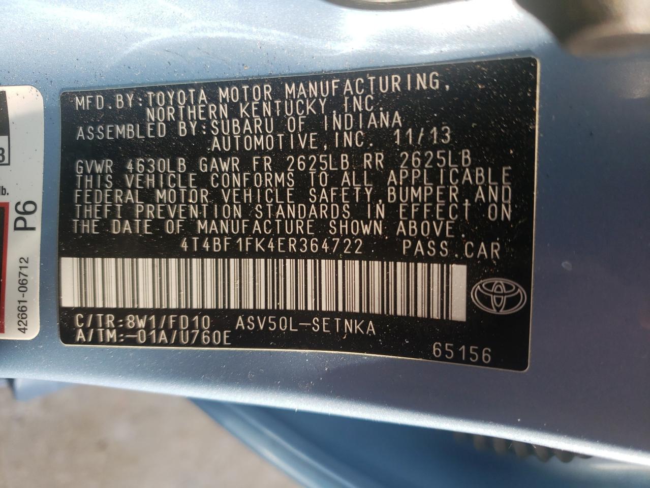 Photo 10 from auction – 2014 TOYOTA CAMRY L with VIN 4T4BF1FK4ER364722