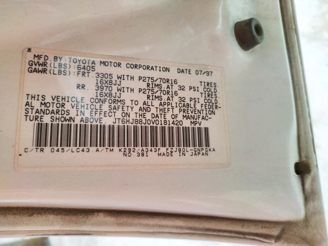 Photo 10 from auction – 1997 LEXUS LX 450 with VIN JT6HJ88J0V0181420