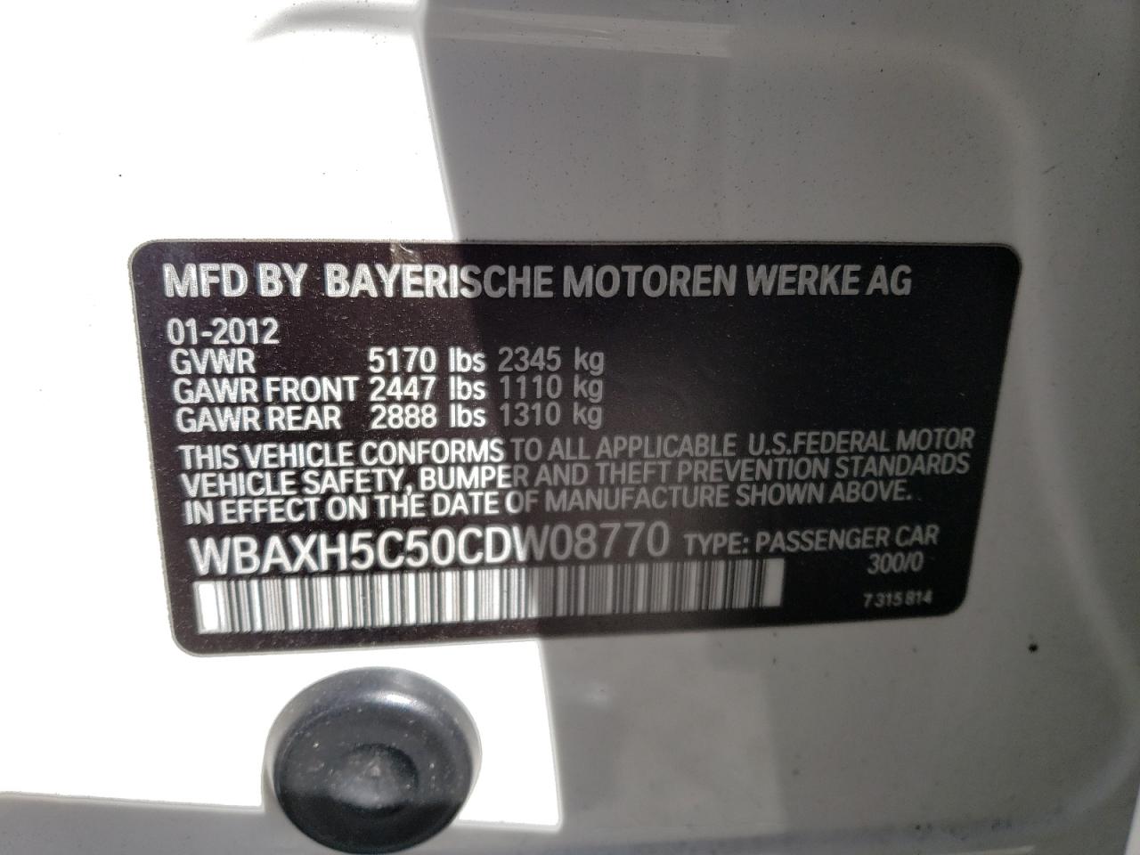 Photo 10 from auction – 2012 BMW 528 XI with VIN WBAXH5C50CDW08770