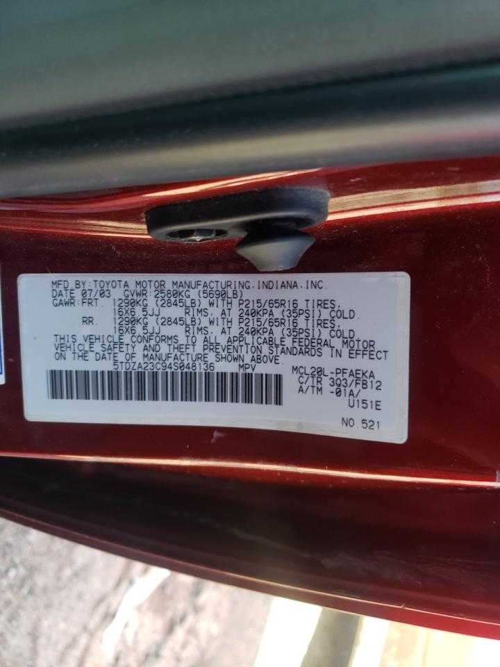 Photo 10 from auction – 2004 TOYOTA SIENNA CE with VIN 5TDZA23C94S048136