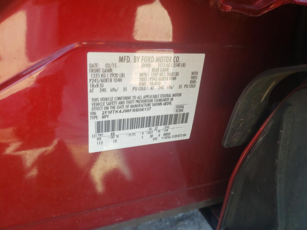 Photo 10 from auction – 2015 FORD EDGE SEL with VIN 2FMTK4J98FBB08137