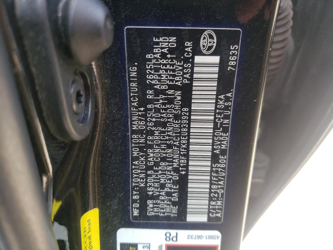 Photo 10 from auction – 2014 TOYOTA CAMRY L with VIN 4T1BF1FK8EU839928