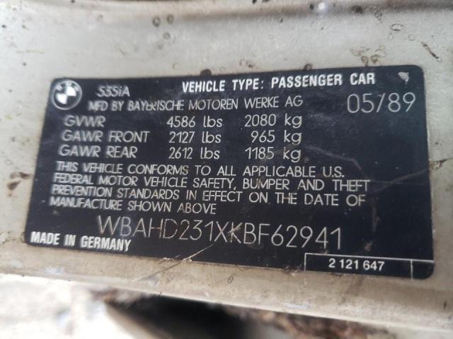 Photo 10 from auction – 1989 BMW 535I with VIN WBAHD231XKBF62941