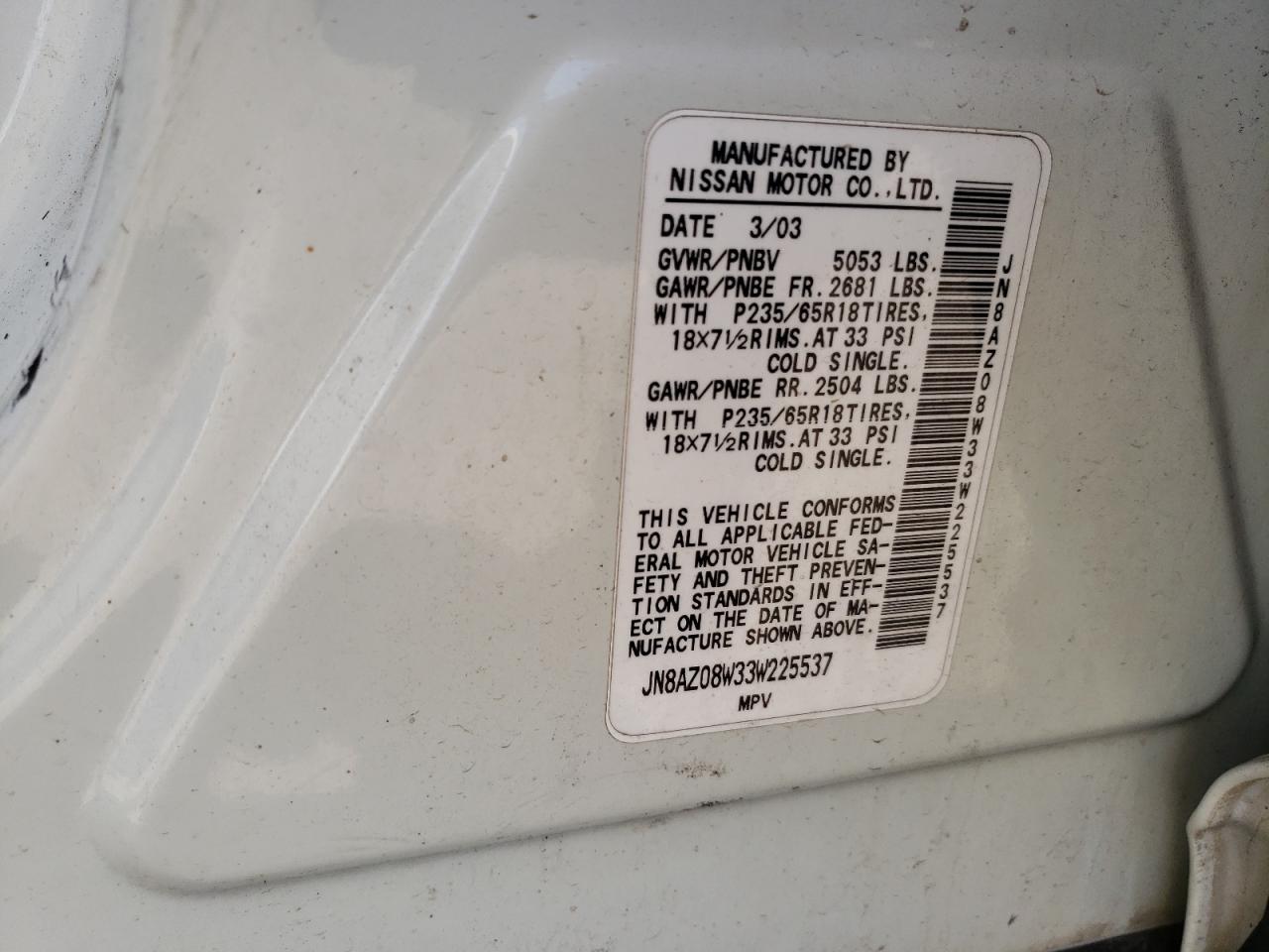 Photo 10 from auction – 2003 NISSAN MURANO SL with VIN JN8AZ08W33W225537
