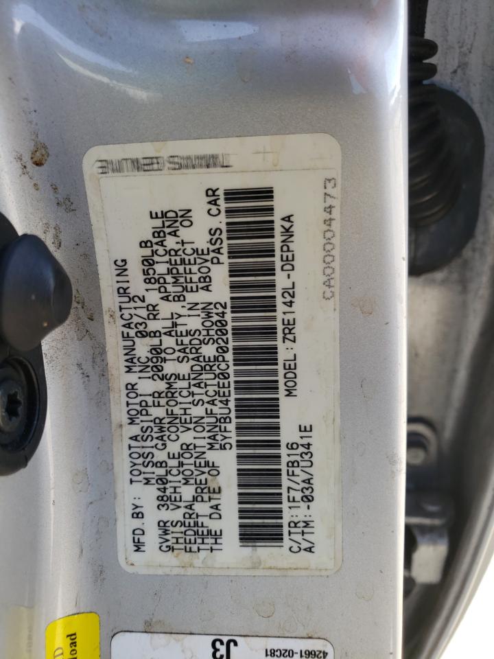 Photo 10 from auction – 2012 TOYOTA COROLLA BA with VIN 5YFBU4EE0CP020042
