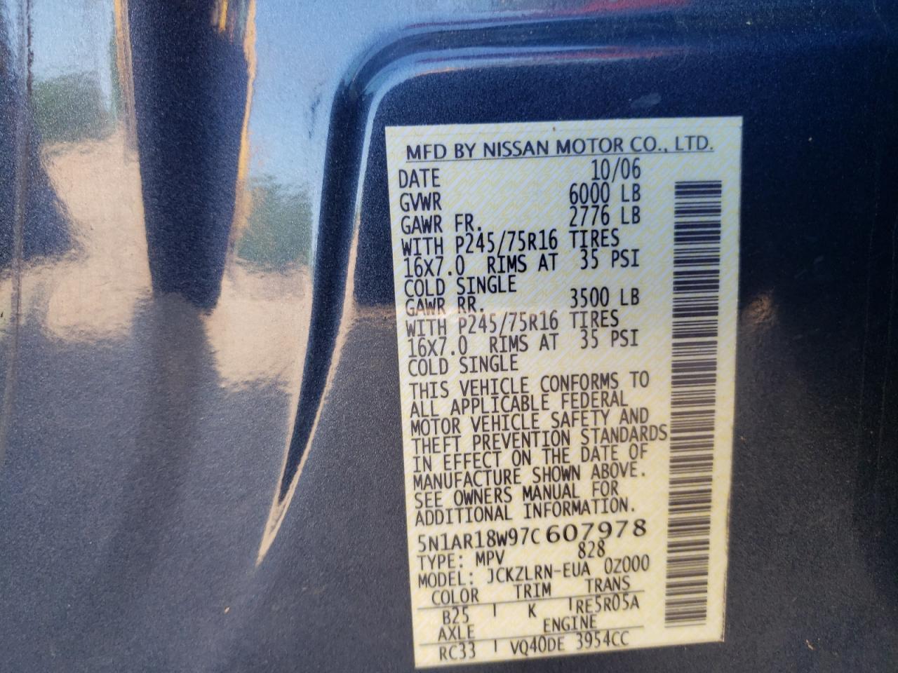 Photo 10 from auction – 2007 NISSAN PATHFINDER with VIN 5N1AR18W97C607978