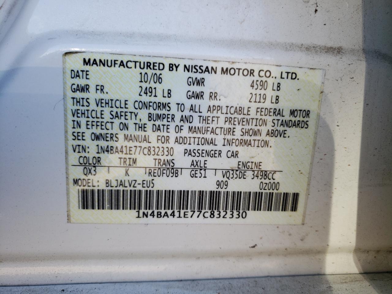 Foto 10 de la subasta – 2007 NISSAN MAXIMA SE con VIN 1N4BA41E77C832330