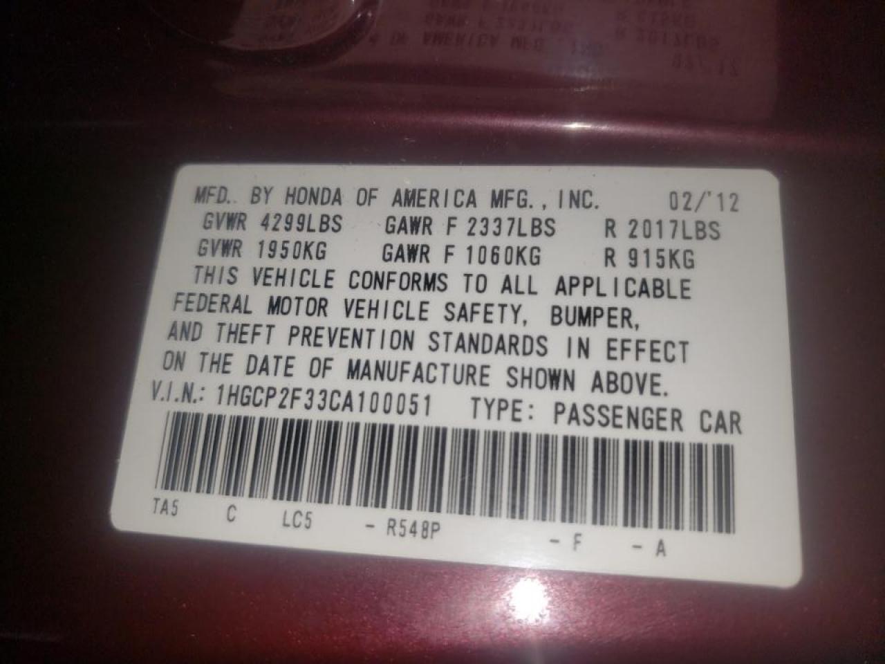 Photo 10 from auction – 2012 HONDA ACCORD LX with VIN 1HGCP2F33CA100051