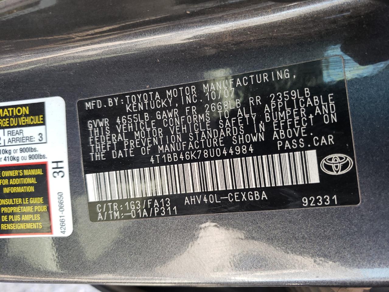 Photo 10 from auction – 2008 TOYOTA CAMRY HYBR with VIN 4T1BB46K78U044984