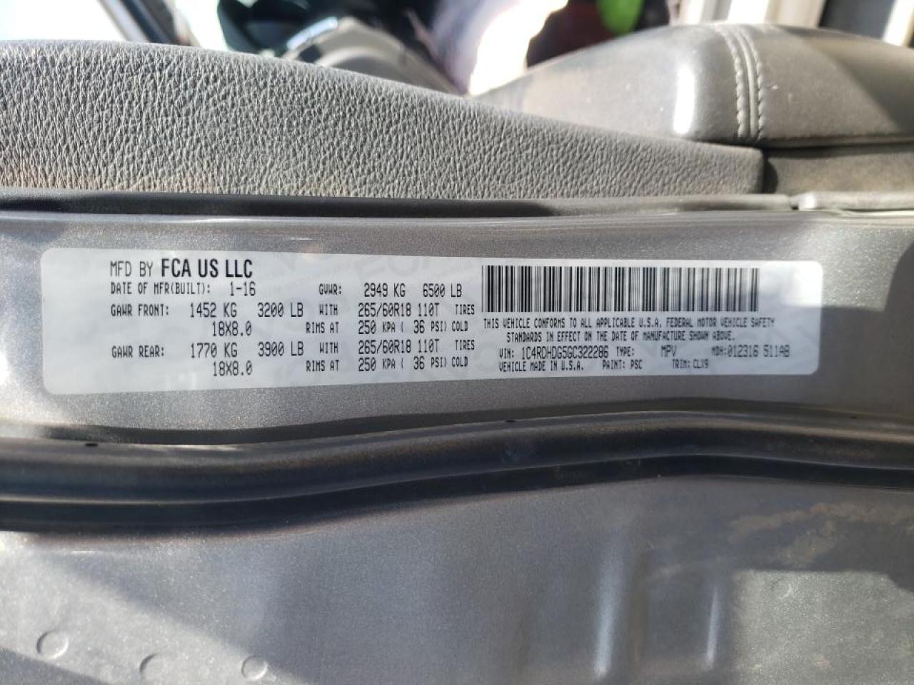 Photo 10 from auction – 2016 DODGE DURANGO LI with VIN 1C4RDHDG5GC322286