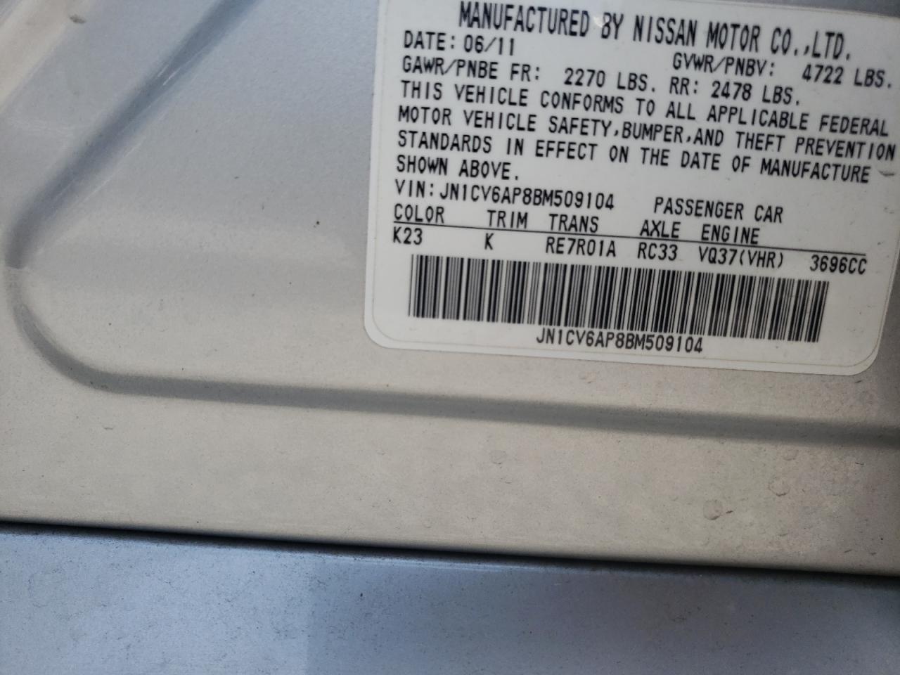 Photo 10 from auction – 2011 INFINITI G37 BASE with VIN JN1CV6AP8BM509104